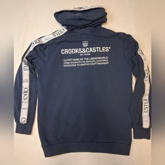 Crooks & Castles Navy Hoodie with White Branded Sleeve Tape - Picture 2 of 5